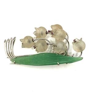 18K Jade Whale Brooch White Gold Lily Of The Valley Crystal Spout Rubies Vintage